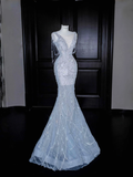 Niulatu Blue Tulle Beaded Chain V Neck Long Mermaid Prom Dress Evening Dress HZ1007