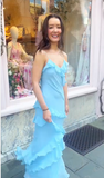 Niulatu Spaghetti Straps Blue Ruffle Chiffon Prom Dress Backless Evening Dress HZ1007