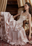 Niulatu Pink Satin Beaded Ruffle Prom Dress A Line Long Evening Dress HZ1007