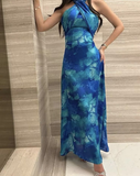 Niulatu Blue Halter Chiffon Long Prom Evening Dress HZ1007