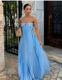 Niulatu Blue Halter Spaghetti Strap A-line Long Prom Dress Backless Evening Dress HZ1007