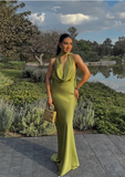 Niulatu Halter Green Satin Prom Dress Lonr Evening Dress HZ1007