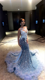 Niulatu Blue Sequins Satin Splicing Mermaid Prom Dress Evening Dress With Appliques HZ1007