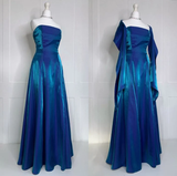 Niulatu Blue Strapless Satin A Line Prom Evening Dress HZ1007
