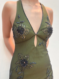 Niulatu Halter Satin Beaded Mermaid Evening Dress Sexy Backless Green Prom Dress HZ1007
