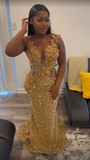 Niulatu Gold Sequins Appliques Evening Dress Mermaid Prom Dress HZ1007