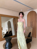 Niulatu Light Yellow Sheath Strapless Beaded Satin Prom Dress Wedding Guest Dress HZ0113
