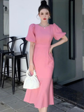 Niulatu Pink Puff Sleeves Mid-length Prom Dress Pink Evening Dress HZ1007