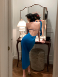 Niulatu Blue Sheath Halter Satin Open Back Prom Dress Evening Dress HZ0113