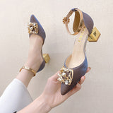 Niulatu Heels Pumps Women Elegant Pearl Buckle Square Heels Wedding Party Shoes Ladies Pointed Toe Ankle Strap Work Shoes DJSE