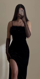 Niulatu Straps Black Velvet Slit Feathers Prom Dress Long Evening Dress HZ1007