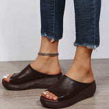 Niulatu Women's Summer Wedges Slippers Slip-On Shoes Woman Flat Peep Toe Breathable Soft Platform Leather Sandals Platform Shoes DJSE