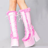 Niulatu Fur High Platform Boots High Chunky Heel Round Toe Mid Calf Boots Elegant Women Casual Outfit Winter Cross Tied Shoes DJSE