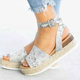 Niulatu Women Casual Sandals Fish Mouth Hemp Rope Platform Wedge Shoes Fashion Round Toe Buckle Leopard Print Beach Flats Plus Size DJSE