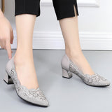 Niulatu 2025 Summer Fashion Hollow Out Genuine Leather Pumps Women Shoes Med Heels Square Heel Mesh Ladies Office Shoes Crystal DJSE