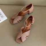 Niulatu Sandals Shoes Women Genuine Leather Ankle Strap Shoes Med Thick Heel Sandals Square Toe Cow Leather Lady Sandals Summer DJSE