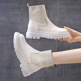 Niulatu Woman Slip-On Shoes Woman Fashion Knitted Elastic Round Toe Short Boots Platform Square Heels Leather Boots Women DJSE