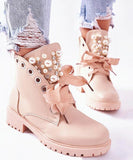 Niulatu Women Ankle Boots 2025 Autumn PU Leather Lace Up Motorcycle Boots Pearl Decor Casual Shoes Round Toe Lady Bootie Female Footwear DJSE