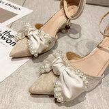 Niulatu Pearl Bowknot Pumps Women Pointed Toe Ankle Strap High Heels Shoes Woman 2025 New Thin Heels Wedding Prom Shoes DJSE