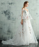 Niulatu Tulle Lace Spaghetti Straps Long Evening Dress, Embroidery White Prom Dress HZ0113