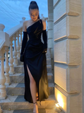 Niulatu One Shoulder Slit Black Evening Dress Prom Dress With Gloves HZ1007