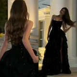 Niulatu Ball Gown Strapless Black Sequin Floor Length Slit Prom Dresses Evening Gowns HZ1110