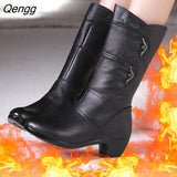 Niulatu Women's Mother Ladies Leather Snow Shoes Boots Knee High Zipper Winter Warm PU Plush Mid Calf Female Mid-calf Autumn Large Size DJSE