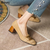 Niulatu Metal Buckle Loafers Women's English Style High Heel Flat Single Shoes Ladies Dress Shoes Faux Suede Low DJSE