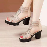 Niulatu High Heels Gladiator Sandals Woman Open Head Sexy Rivet Block Heel Platform Shoes Summer Back Zip Size 35-40 Women Sandals DJSE