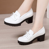 Niulatu 33-43 Women Pumps Bowknot Slip On Tassels Thick Heels Fashion Vintage Women Shoes For Party Leather Footwear DJSE