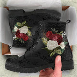 Niulatu leather Rose Dragon Embroidered boots Fashionable Flat lace-up Short boots women shoes Big size DJSE