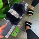 Niulatu Women Fur Rhinestone Slippers Platform Wedges Heel Solid Fluffy Furry Slides Outside Sexy Shoes Ladies Whosale DJSE