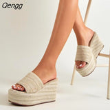 Niulatu Women Slippers Wisteria 9.5CM Wedges Round Toe Slip-On Street Style Europe America Solid Platform Women Shoes New Apricot DJSE