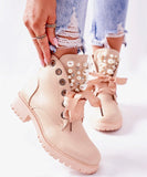 Niulatu Women Ankle Boots 2025 Autumn PU Leather Lace Up Motorcycle Boots Pearl Decor Casual Shoes Round Toe Lady Bootie Female Footwear DJSE