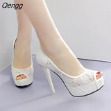 Niulatu Women Pumps Lace Peep Toe 12CM Thin Heels Waterproof platform Wedding Dress Office High Heel shoes woman DJSE