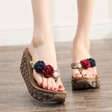 Niulatu CM High Heel Women Wedge Non-Slip Outdoor Slipper Summer Beach Shoes Female Floral Flip-Flop Bohemian String Bead Lady Sandals DJSE