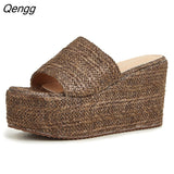 Niulatu Women Slippers Wisteria 9.5CM Wedges Round Toe Slip-On Street Style Europe America Solid Platform Women Shoes New Apricot DJSE