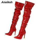 Niulatu Female Women Shoes Heels Fashion Solid Patent Leather Over The Knee Chelsea Boots Sexy Thin High Heel Side Zippers DJSE