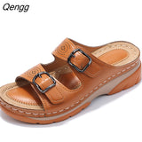 Niulatu Women Closed Toe Summer Shoes 2025 New Comfort Double Buckle Wedge Ladies Sandals Plus Size Platform Casual Slippers Women DJSE