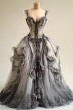 Niulatu V-neck Lace Tulle Long Ball Gown, Vintage Formal Dress HZ1026
