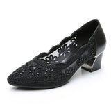Niulatu Fashion Hollow Out Genuine Leather Pumps Women Shoes Med Heels Square Heel Mesh Ladies Office Shoes Crystal AD299 DJSE