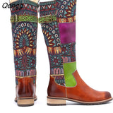 Niulatu Leather Mid Calf Boots Women Shoes Vintage Bohemian Printed Splicing Buckle Strap Flat Spring Autumn Boots New DJSE