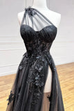 Niulatu One Shoulder Black Long Prom Dress With 3D HZ1007