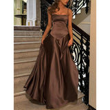 Niulatu A line Spaghetti Straps Pink Satin Long Party Dresses Prom Dresses SD2705