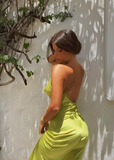 Niulatu Green Mermaid Spaghetti Strap Satin Prom Dress Open Back HZ0113