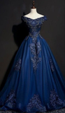 Niulatu Off The Shoulder Tulle Sequins Appliques Prom Dress Navy Blue A Line Evening Dress HZ1007