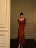 Niulatu A line Long Sleeves Red Satin Prom Dresses Birthday Outfits SD313