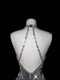 Niulatu Silver Deep V Halter Sequins Beaded Backless Evening Dress Mermaid Prom Dress HZ1007