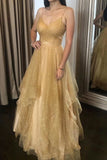 Niulatu Champagne Tulle Spaghetti Straps V Neck Open Back Long Prom Dress HZ0113