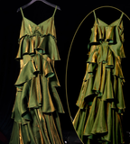 Niulatu Retro A line Spaghetti Straps Green Long Prom Dress Birthday Dresses SD497